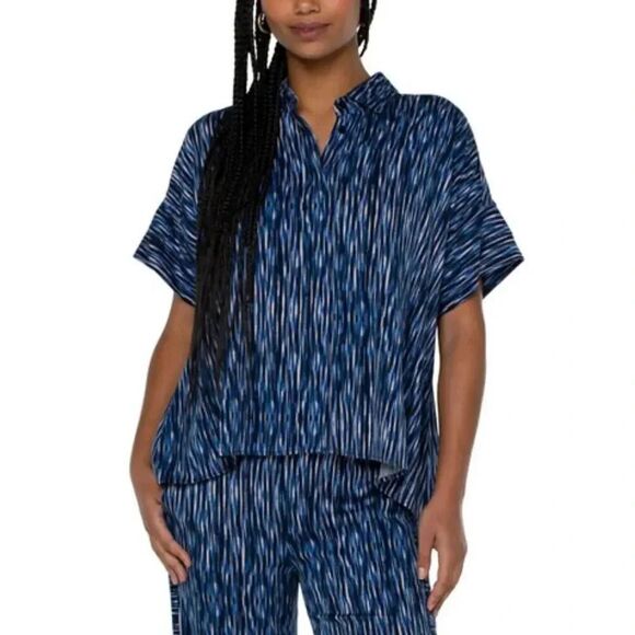 Liverpool  Blue Black Abstract Collared Camp Shirt with Hi-Low Hem  Viscose SZ M - Picture 1 of 14